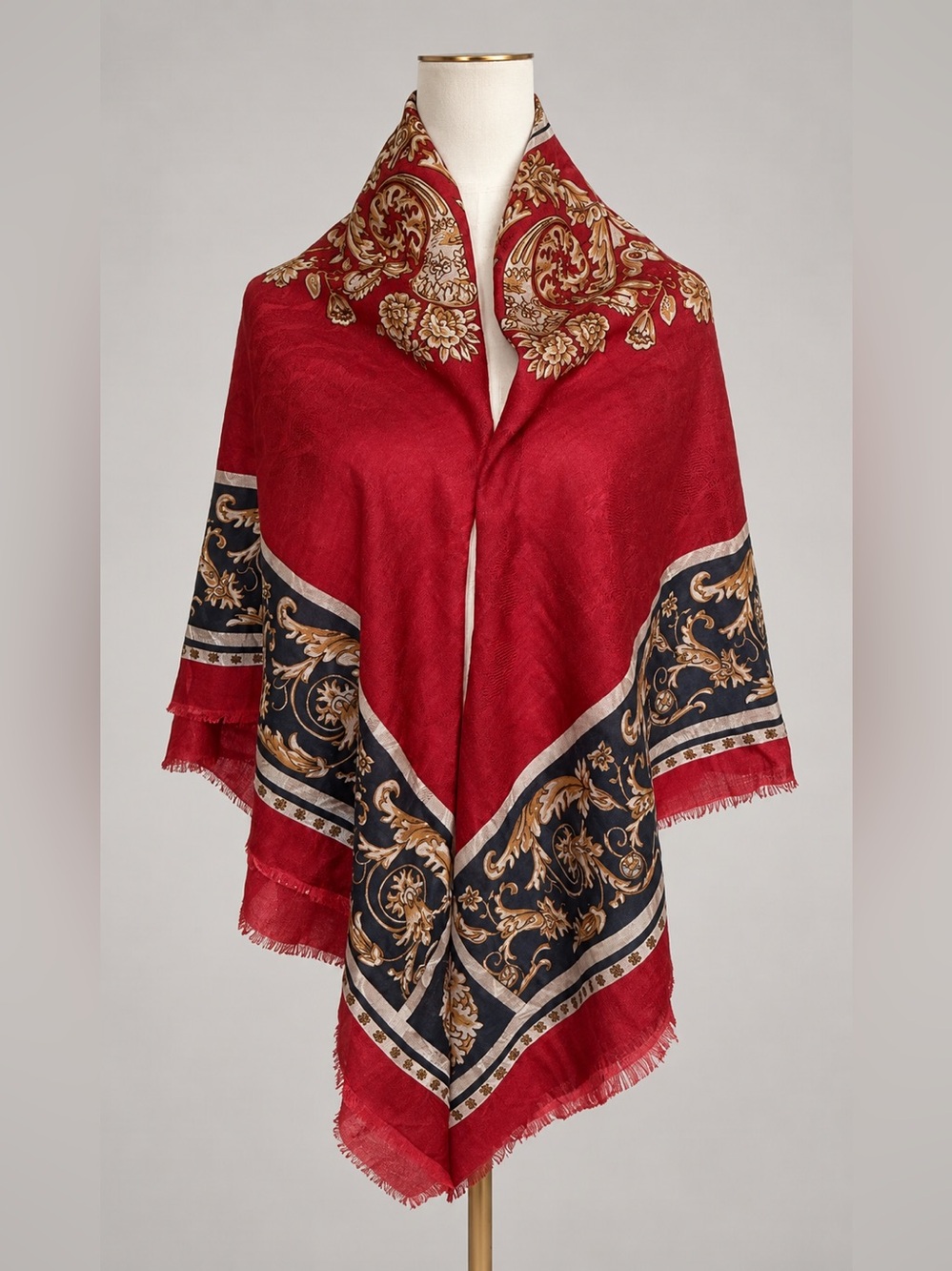 VTG Smithsonian Institution 100% Wool Baroque Scarf Shawl Italy 55” Square Red